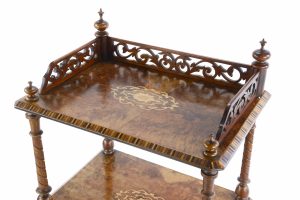 A Victorian Walnut Rectangular Three Tier Whatnot With Floral Inlay, Spindle Supports