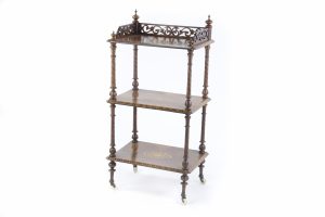 A Victorian Walnut Rectangular Three Tier Whatnot With Floral Inlay, Spindle Supports