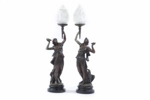 A Pair of 19th Century French Bronzed Spelter Figural Table Lamps