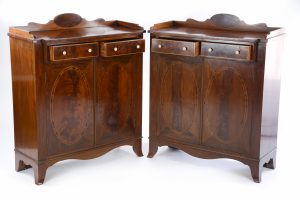 20th Century, A Pair of Mahogany and Inlaid Side Cabinets in the Georgian Style