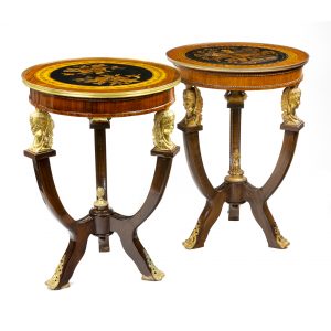 A Matched Pair of French Ormolu Mounted and Burr Veneered Mahogany Tables