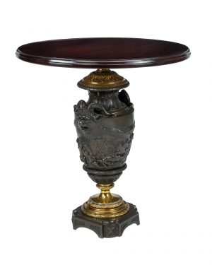 After Claude Michel Clodion, A Pair of Guilt Patinated Bronze Urns Converted to Occasional Tables