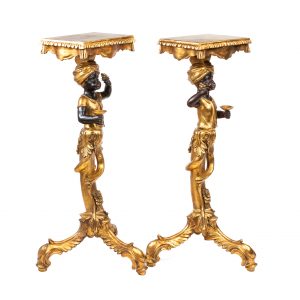 Antique Pair Venetian Gilded & Painted Blackamoor Pedestals Tables 19th C